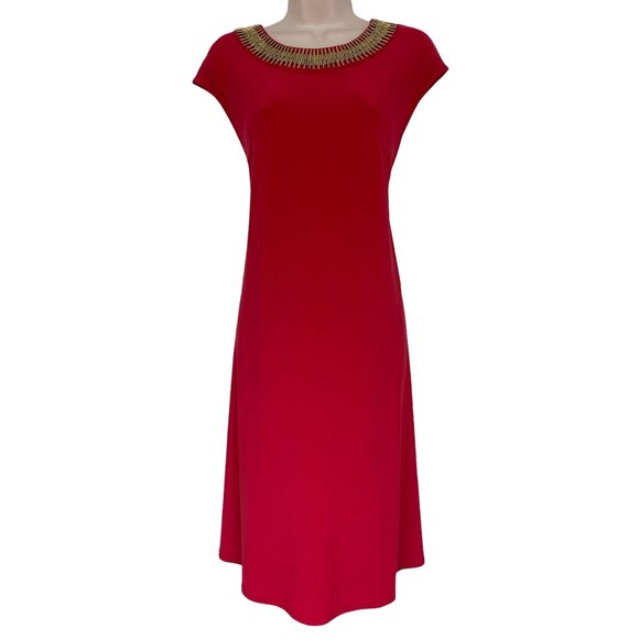 Size 1X 16 RED EMBELLISHED GOLD NECKLINE DRESS Summer Wedding Party PLUS SIZE‎ - Picture 1 of 4